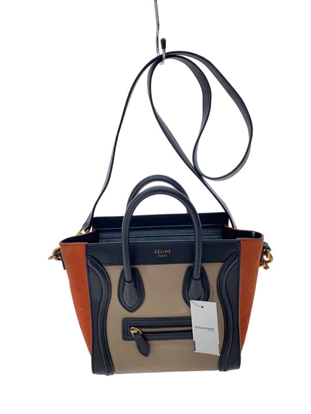 Celine Luggage Tote Bag tricolor leather suede Beige Cream front black
